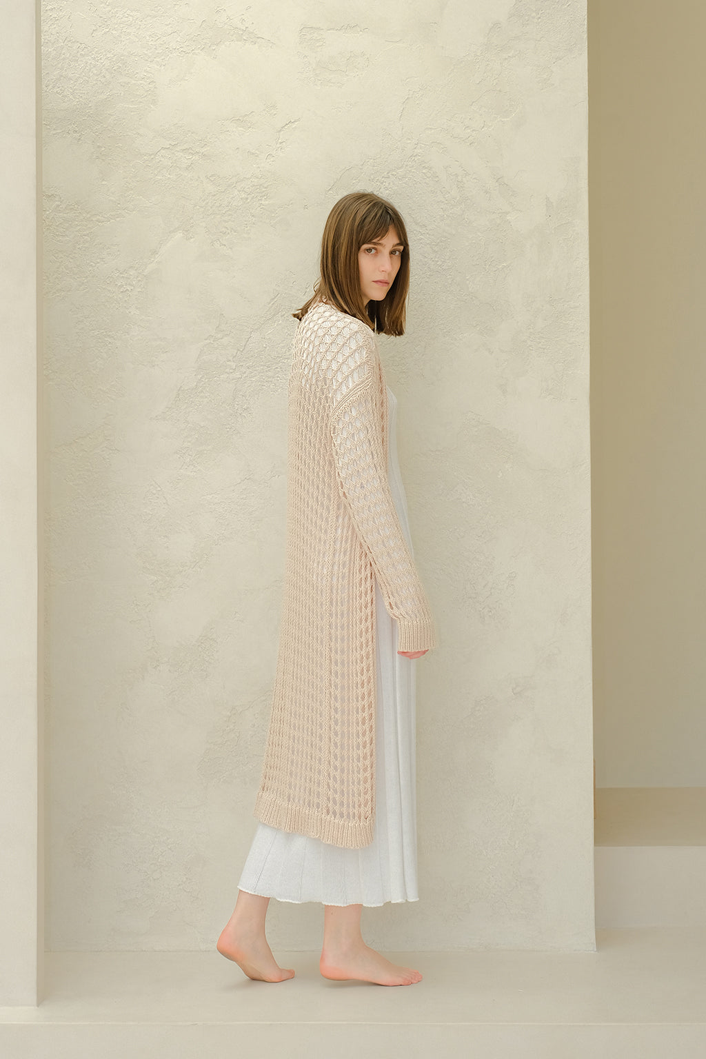 COMBED COTTON CROCHET MAXI CARDIGAN