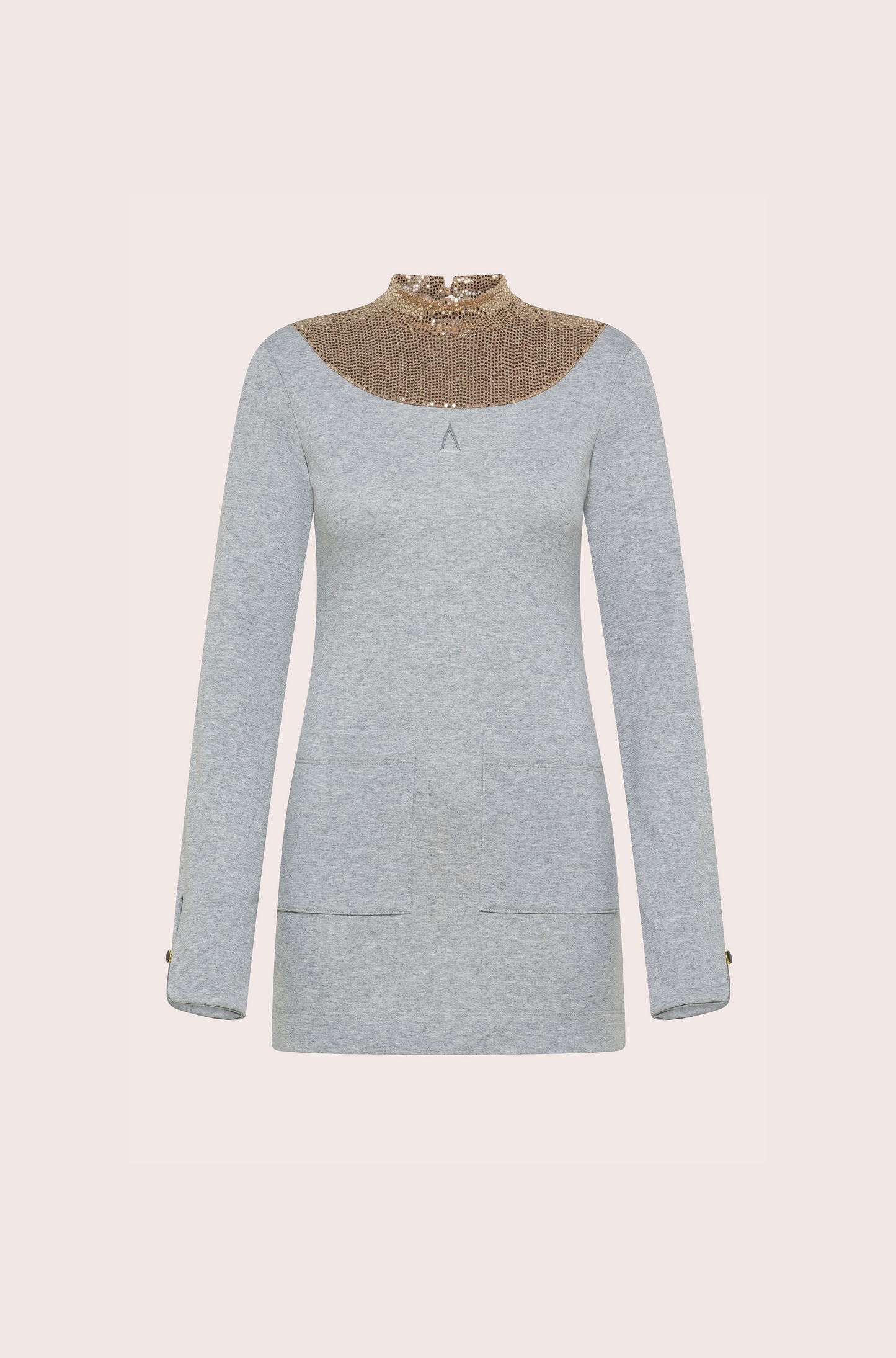 GRAY PLUSH JERSEY DRESS WITH GOLDEN NECK