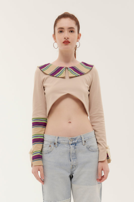 BROWN JERSEY SLEEVE  "LOLLIPOP CROP TOP"