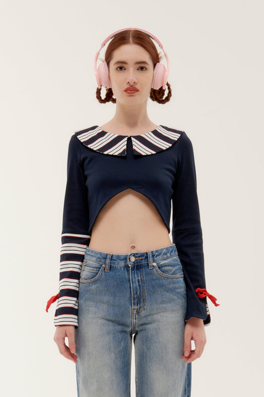 BLUE JERSEY SLEEVE  "LOLLIPOP CROP TOP"